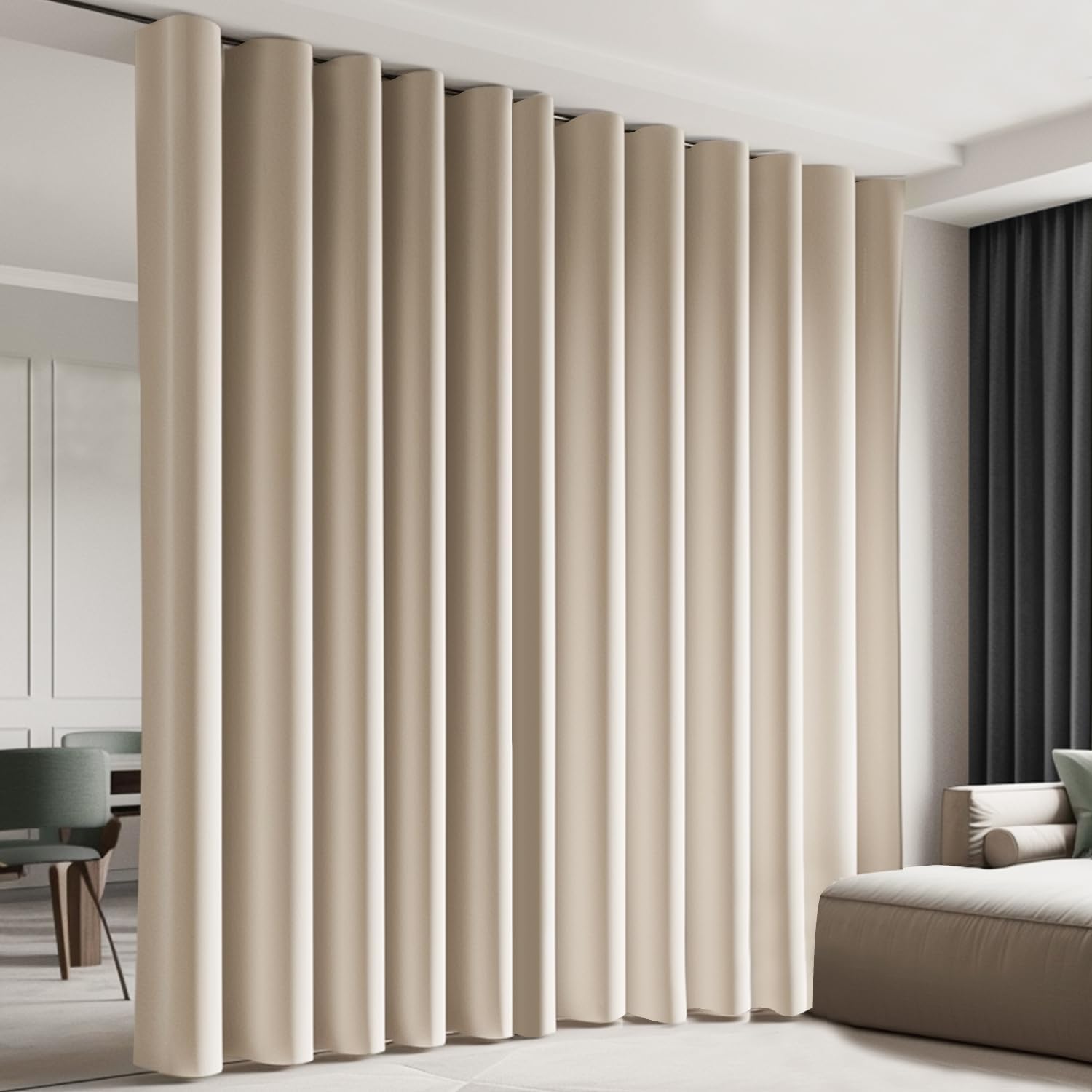 Room Divider Blackout Curtain with Ceiling Track, Cream, for Living Rooms