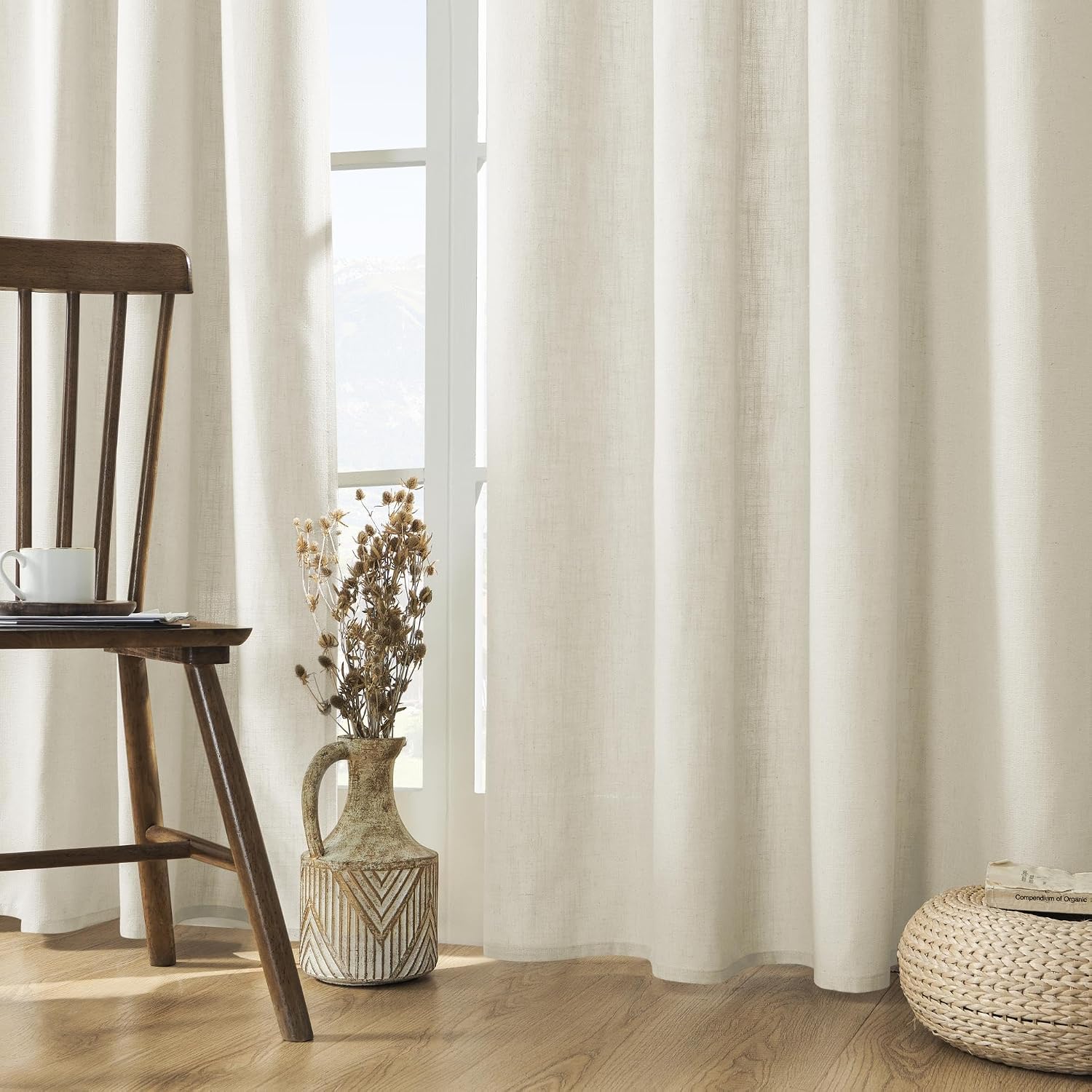Joydeco Linen Curtains 96 Inch Length, 2 Panel Set, Ivory