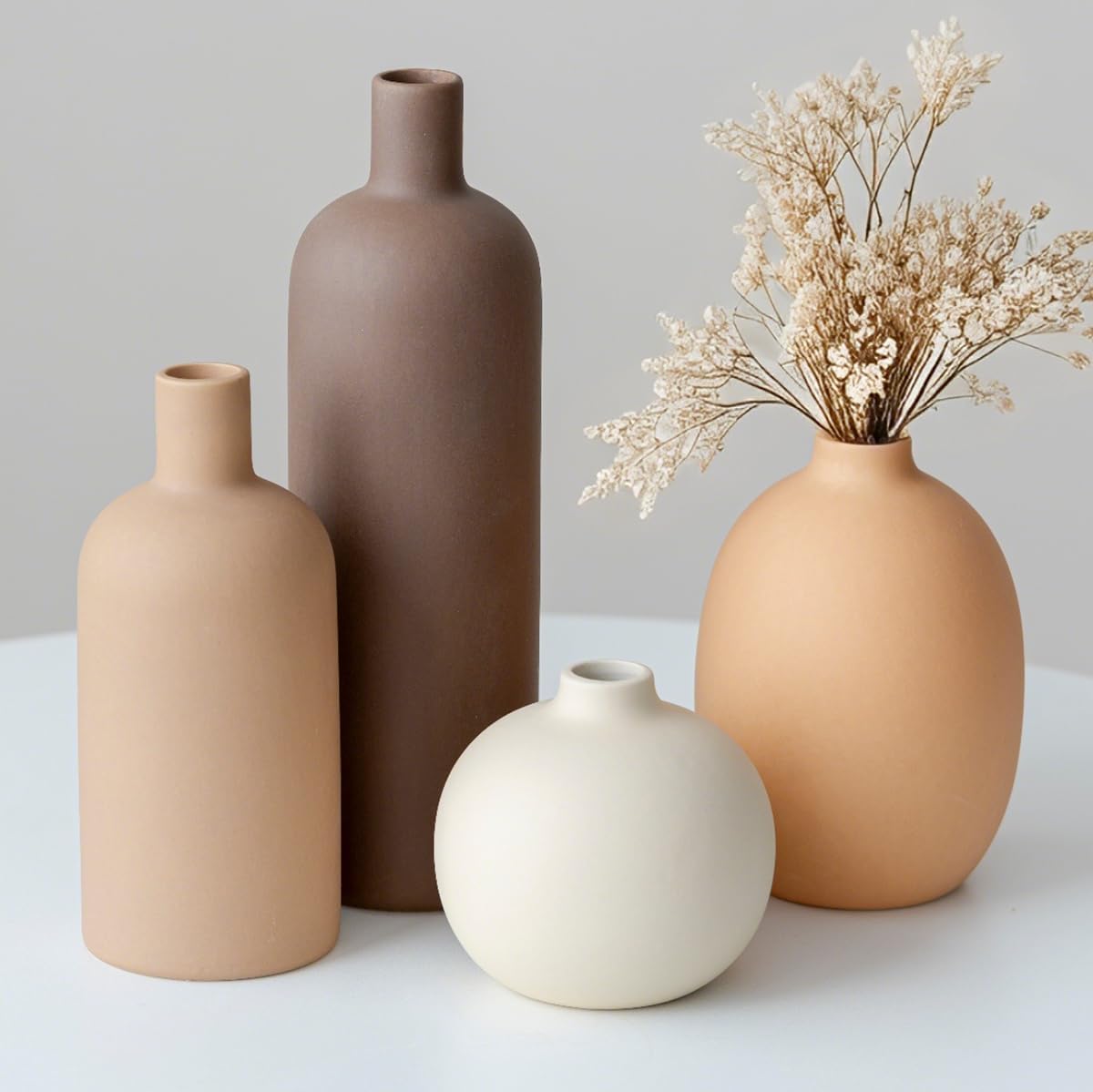 Modern Ceramic Vase Set, Neutral Colors, 4 Piece Collection