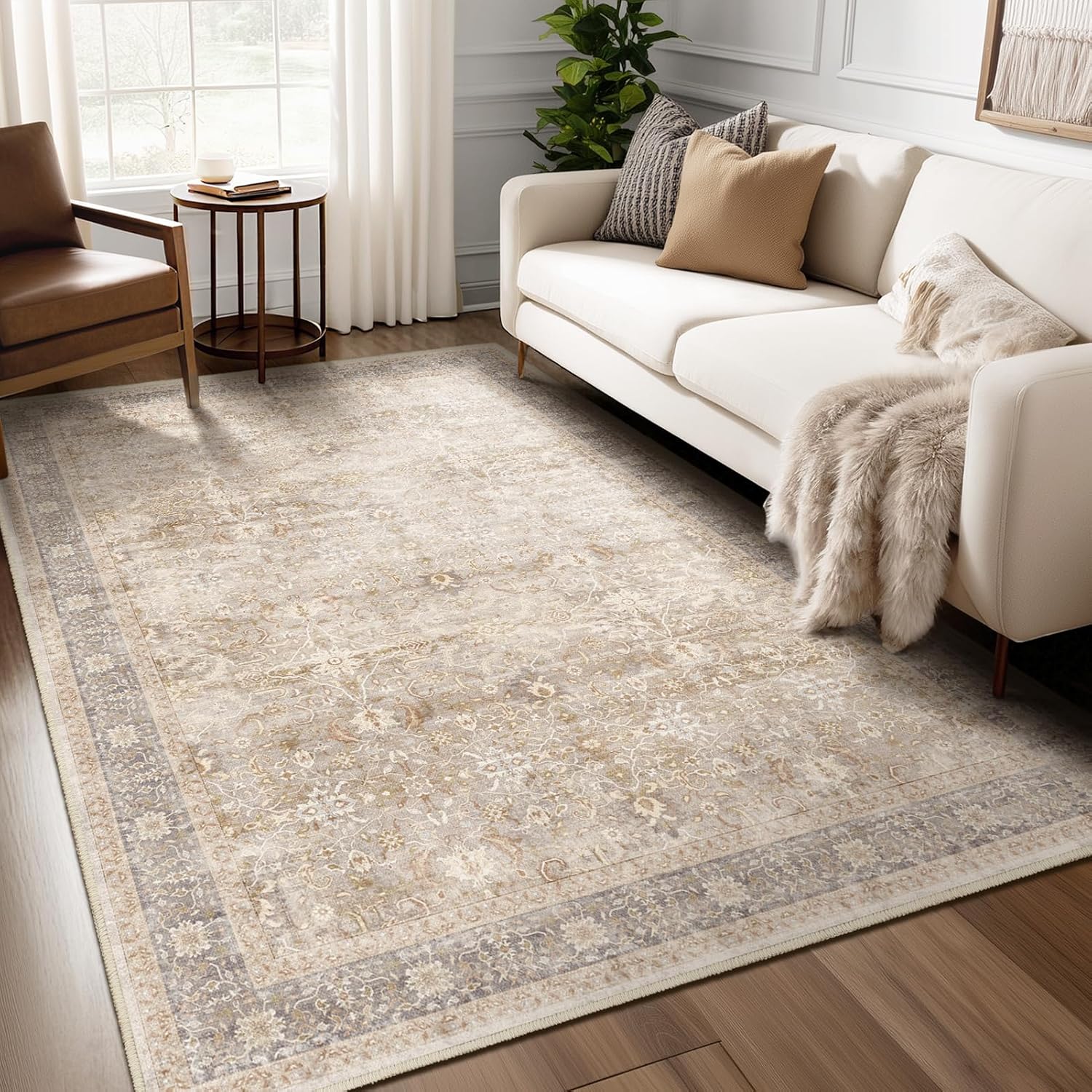 Neutral Beige 5x7 Area Rug, Washable Low Pile with Fringe