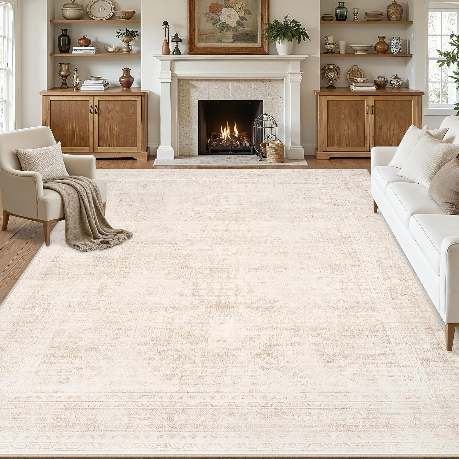 8x10 Area Rug for Living Room, Neutral Washable Carpet, Beige