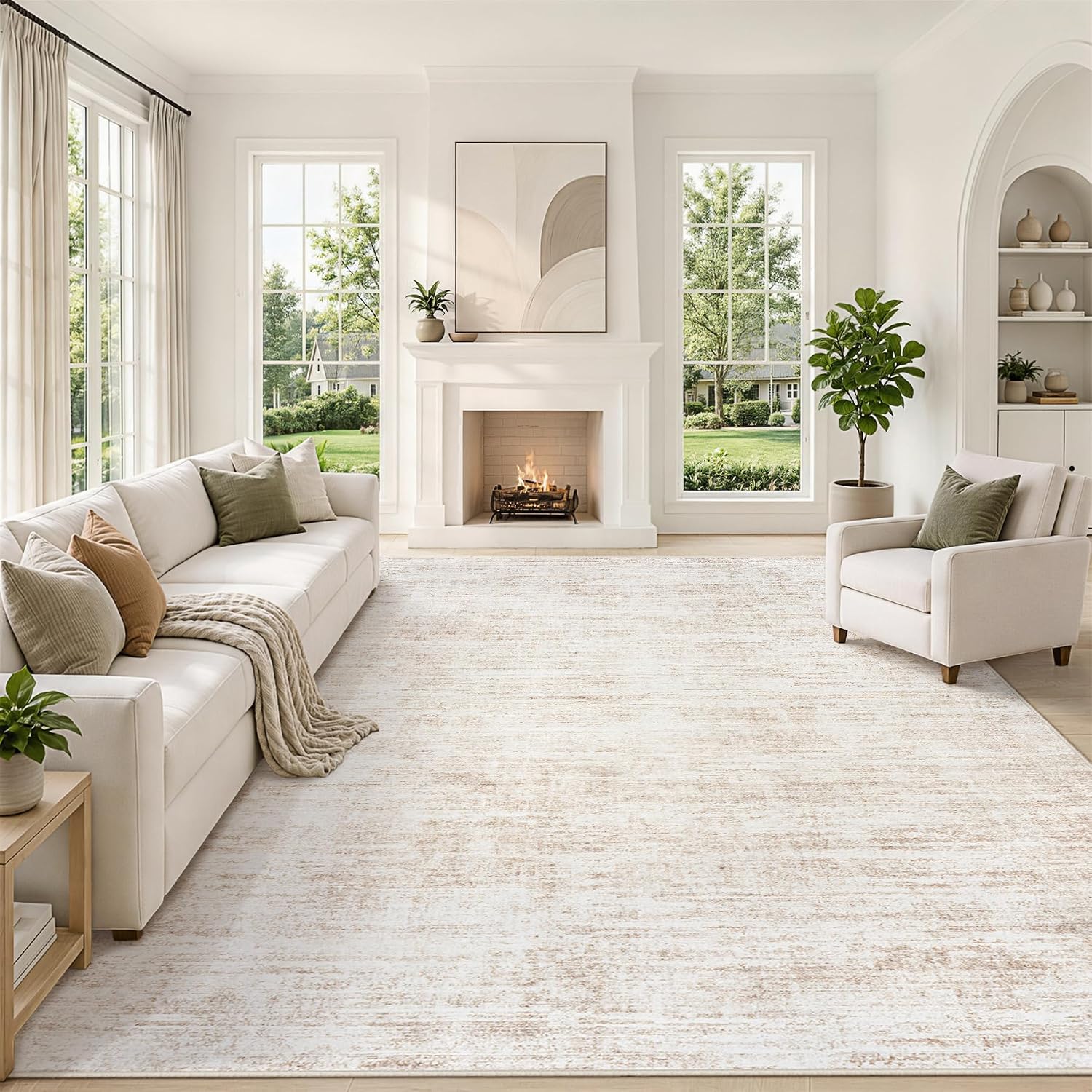 8x10 Area Rug for Living Room, Washable Neutral Abstract Beige Carpet