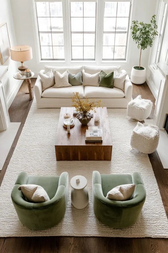 Two green accent chairs facing a sofa across a rug