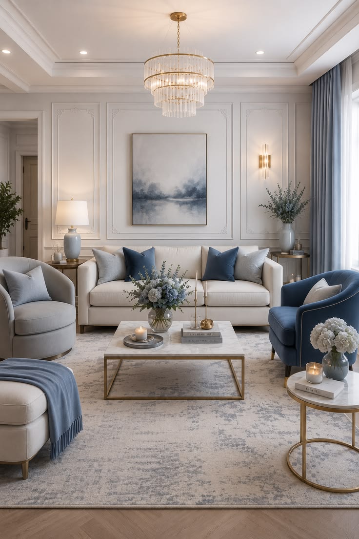 Living room lit by a chandelier and warm table lamps