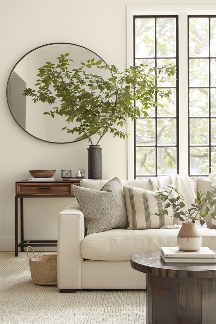 Round mirror mounted above a small living room console