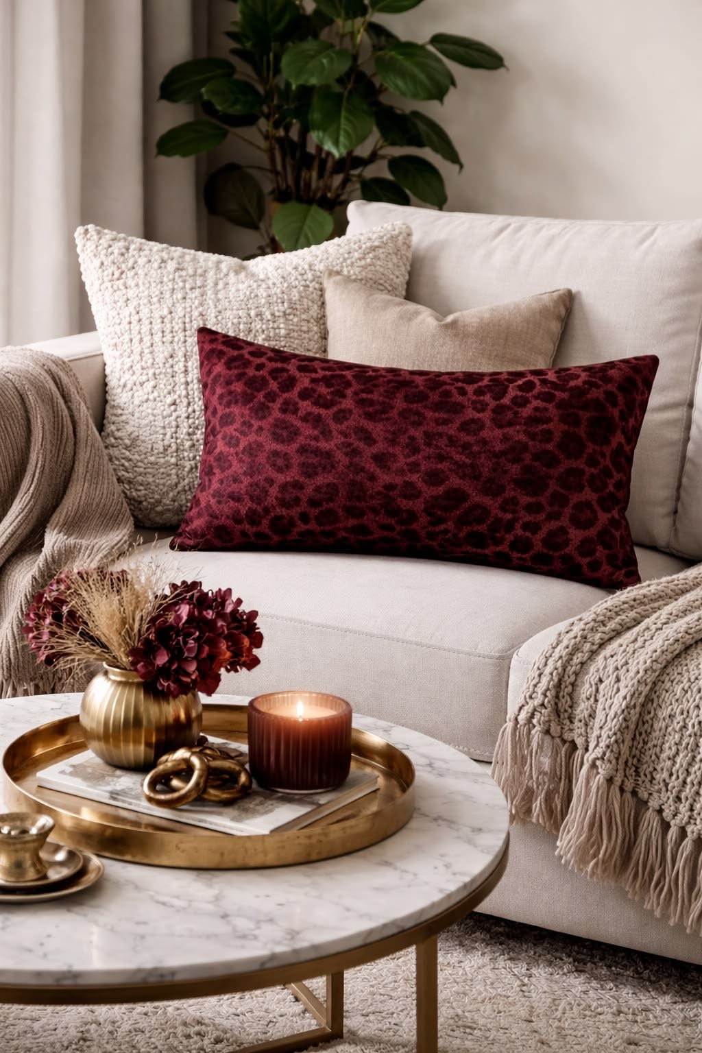 Sofa styled with a leopard-print pillow and textured cushions