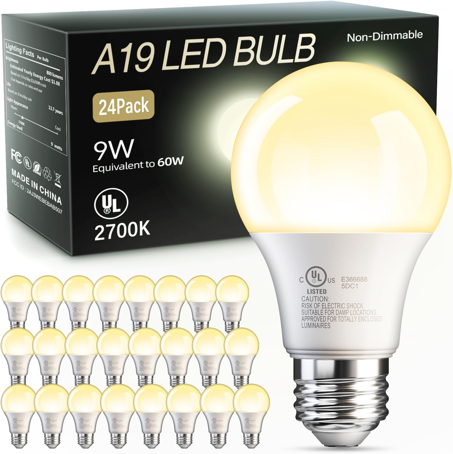 TJOY 24 Pack A19 LED Light Bulbs, Soft Warm White 2700K, 60 Watt Equivalent