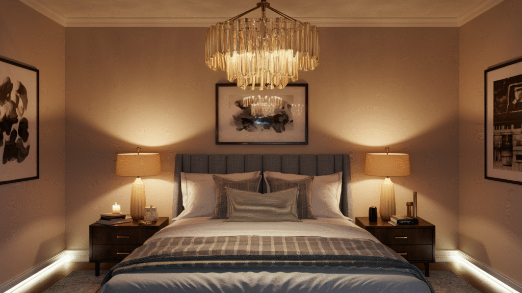 Layered lighting creating a luxurious bedroom atmosphere