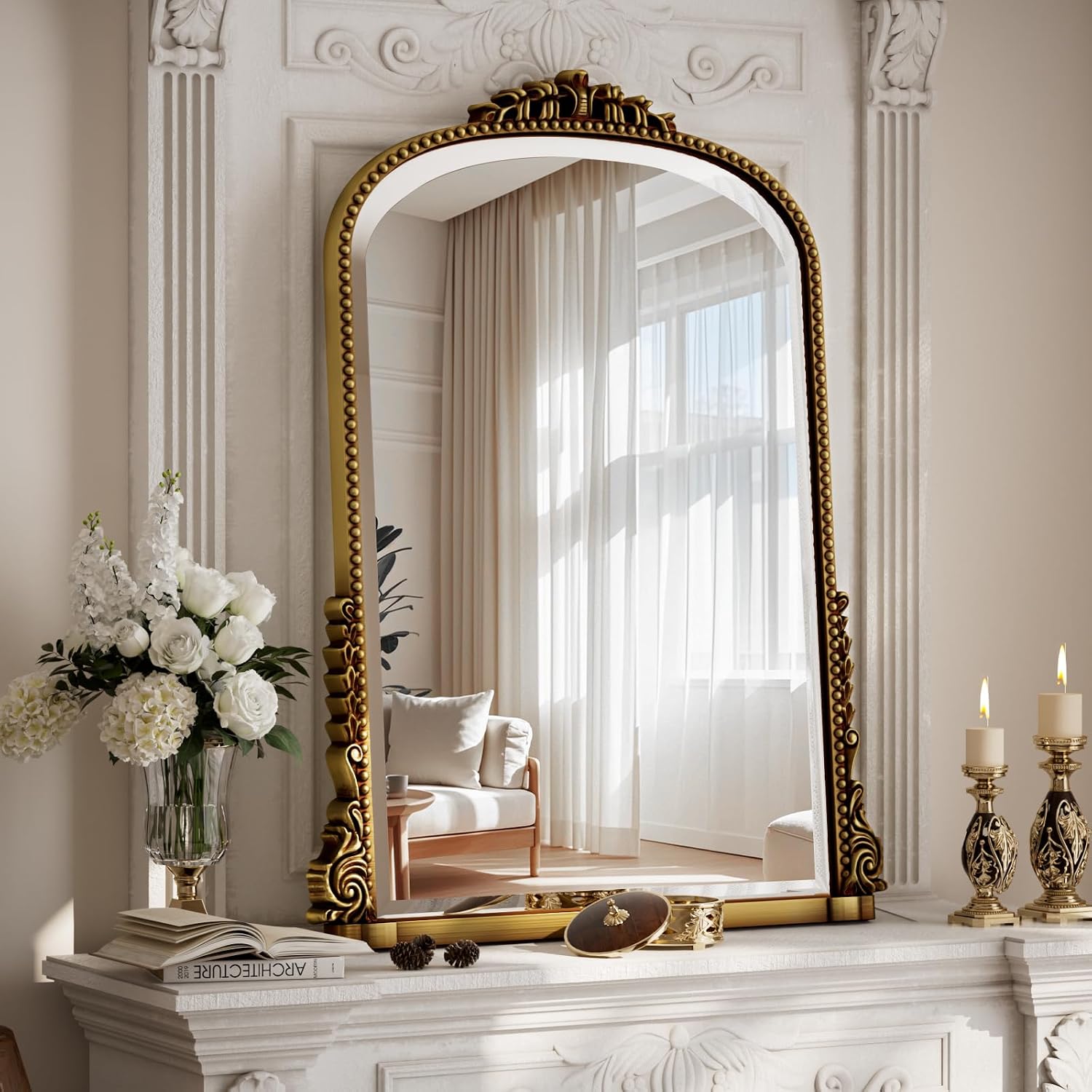 24 x 32 Inch Gold Arched Wall Mirror with Vintage Carving
