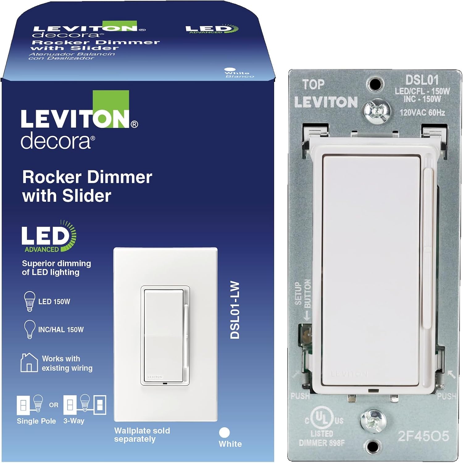 Leviton Decora Slide LED Advanced Dimmer Switch, 150W Dimmable