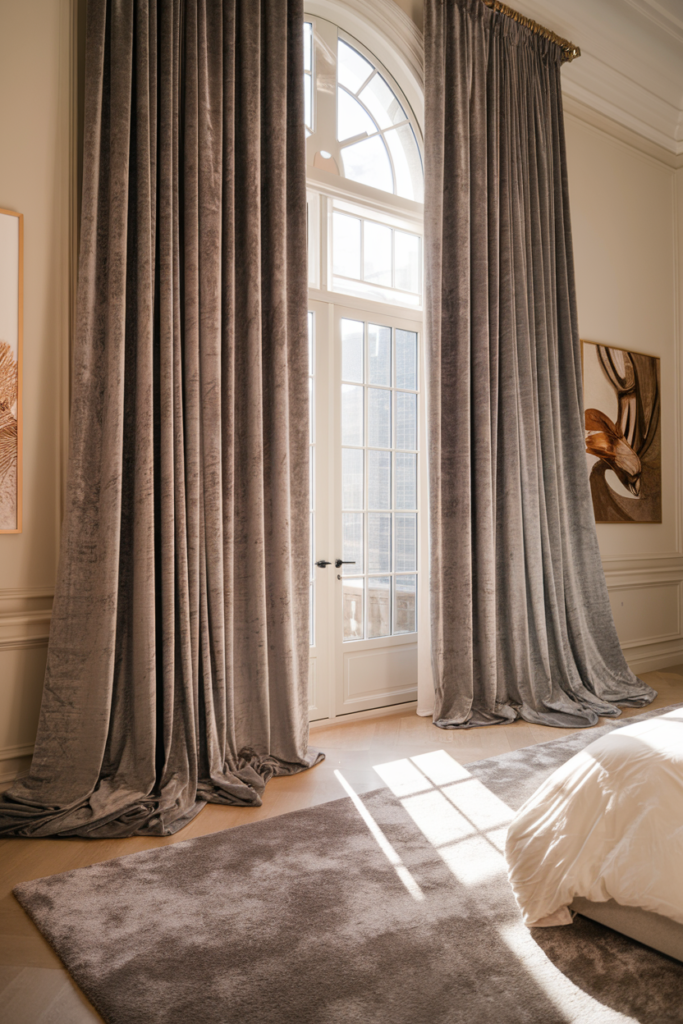 Floor-to-ceiling curtains making the bedroom feel grander