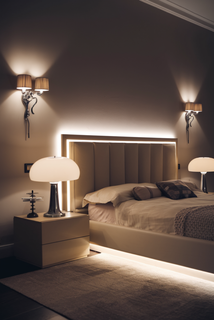 Layered lighting completing the bedroom's upscale atmosphere