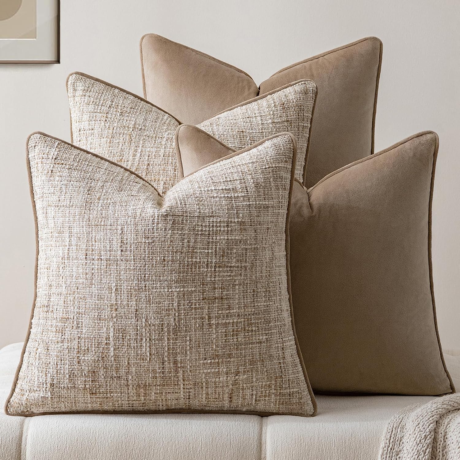 a moment 4 Pack Throw Pillow Covers, Chenille and Velvet Set with Piping, Khaki