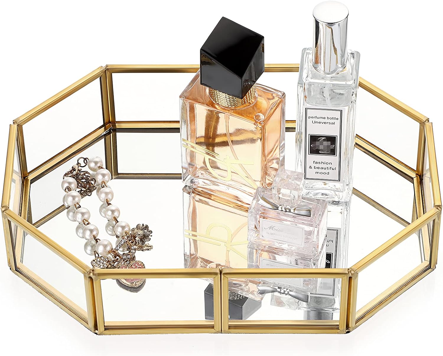 Hipiwe Gold Ornate Mirror Glass Vanity Tray, Makeup and Perfume Organizer