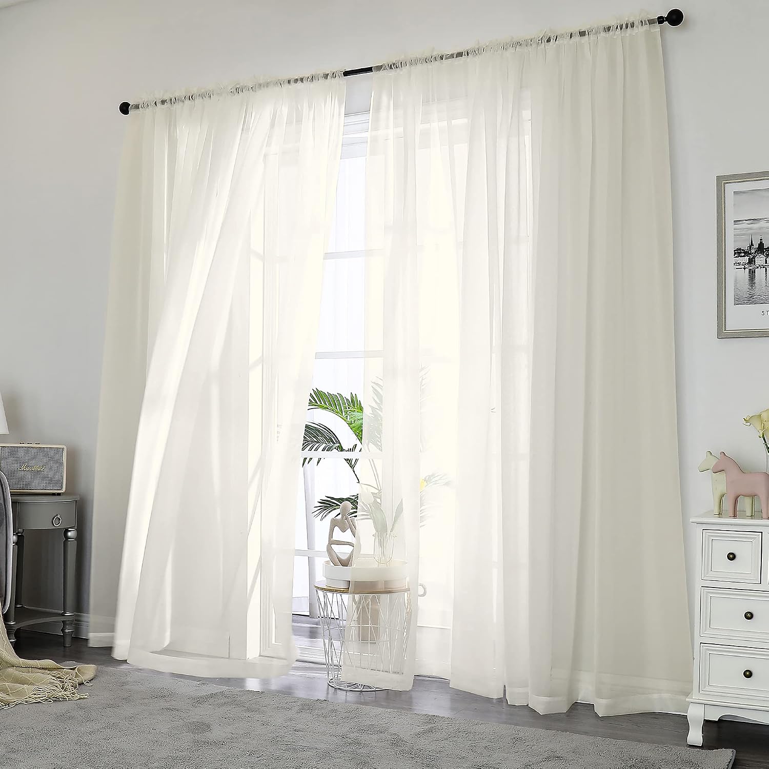 OWENIE Ivory Sheer Curtains, 84 Inch Length, 2 Panels