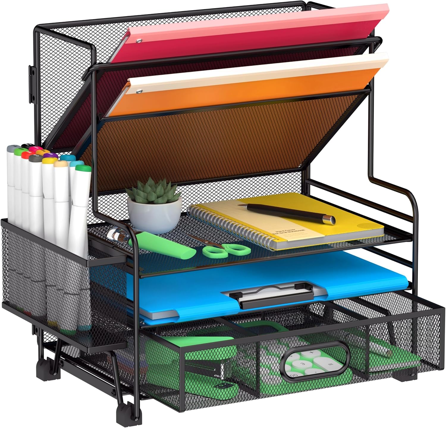 5-Tier Desk Organizer with Drawer and Pen Holders, File and Letter Tray
