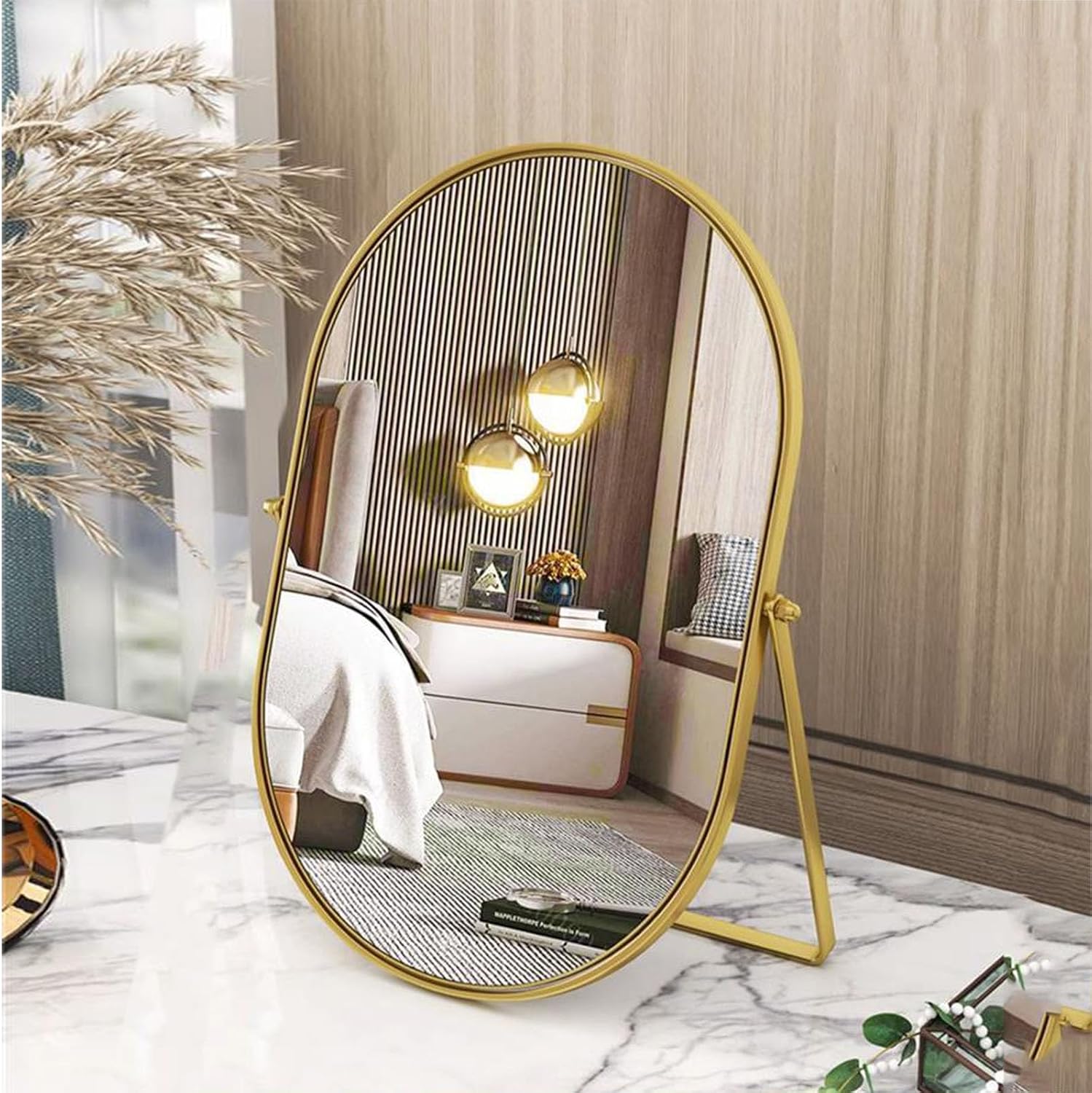 Oval Vanity Desk Table Mirror, Gold Metal Frame, 90 Degree Adjustable Stand
