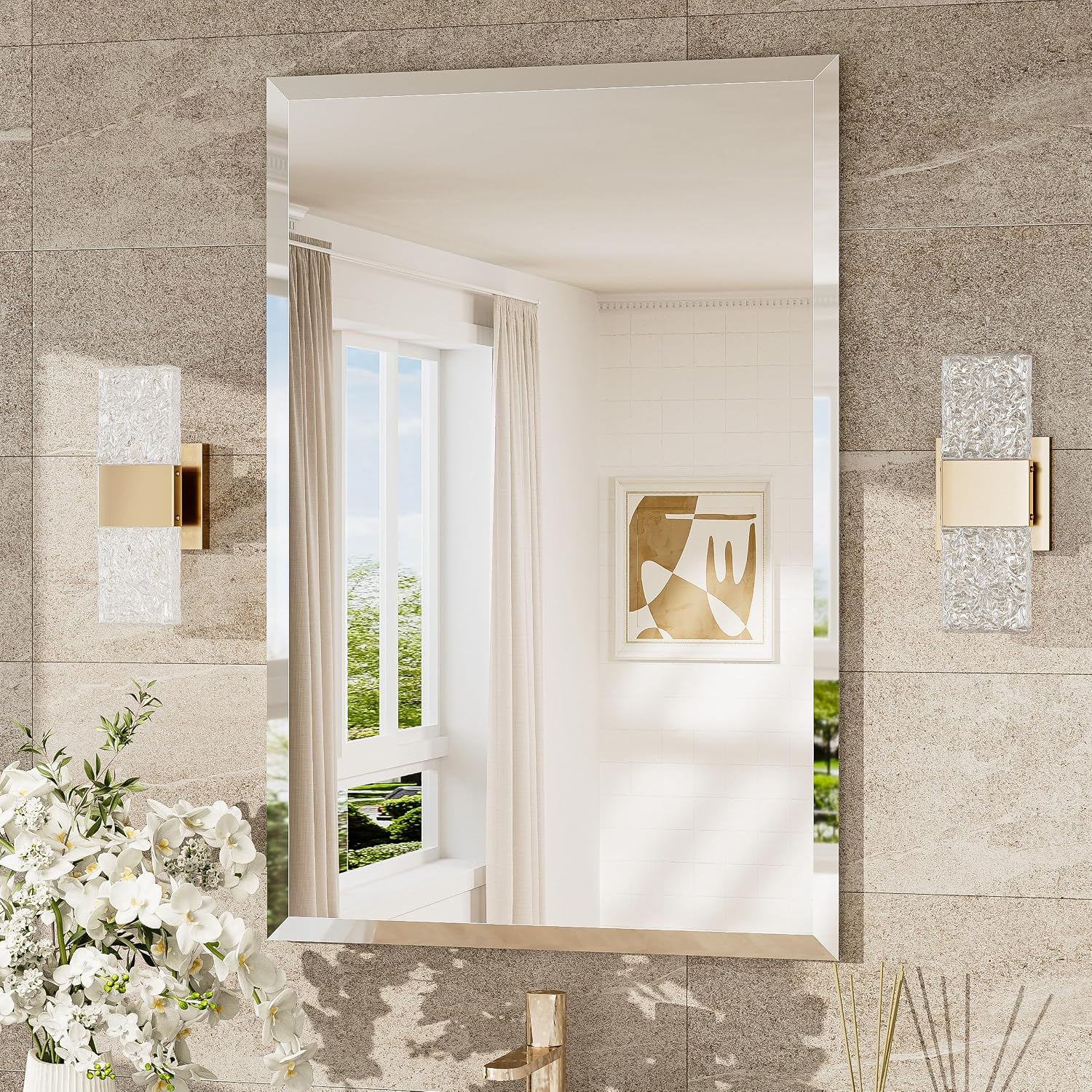 TokeShimi Frameless Bathroom Vanity Mirror, 1 Inch Beveled Edge, 24 x 36 Inch