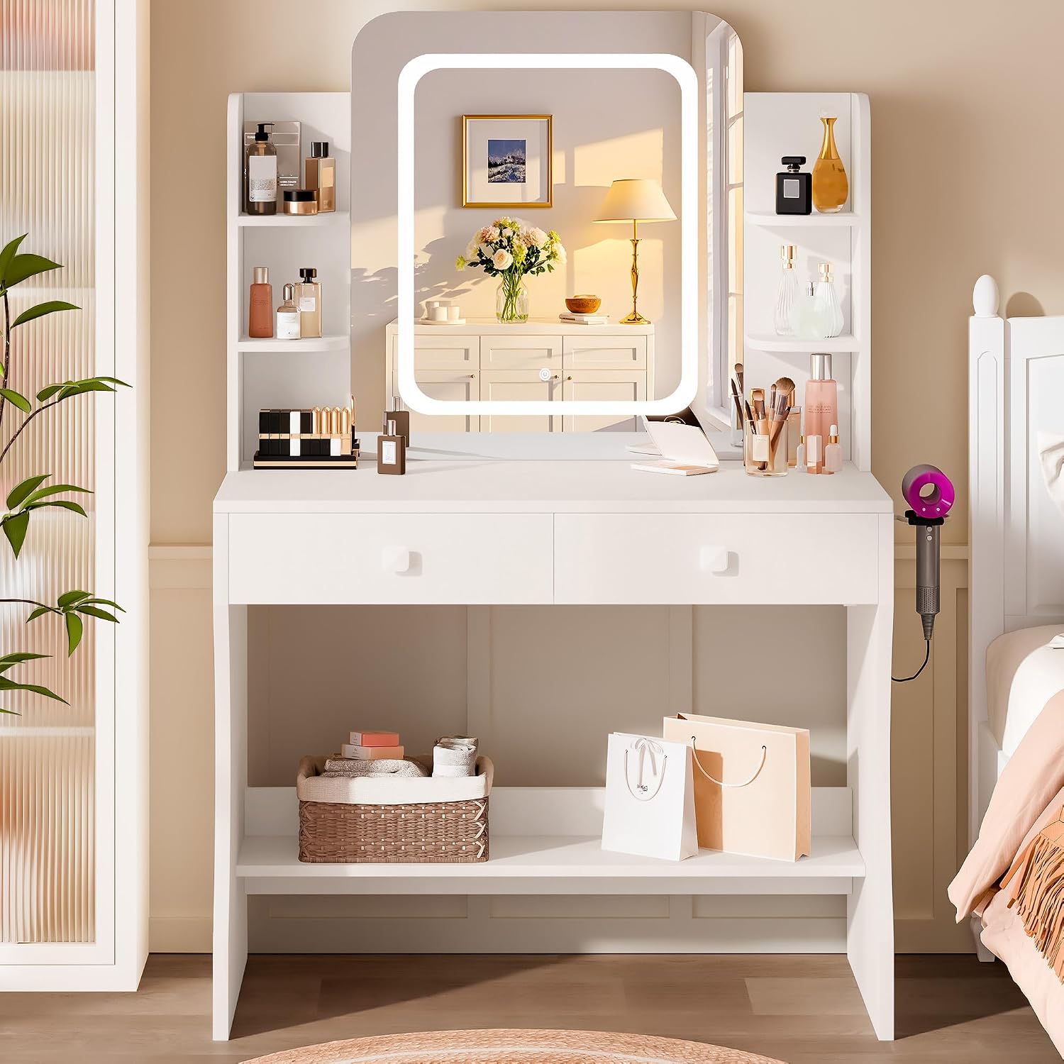 LIVELYGLOW 29.5 Inch White Small Makeup Vanity Desk with Power Outlet and Mirror