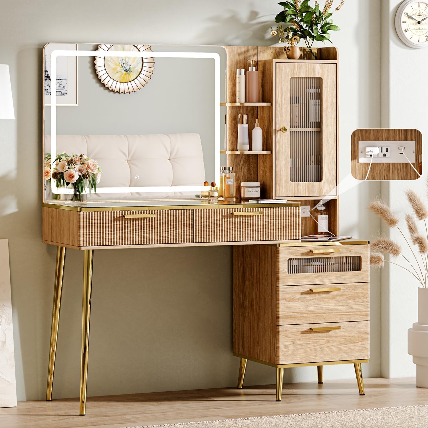 Arulvmrn 47.24 Inch Modern Vanity Desk with 29.53 Inch HD Lighted Mirror