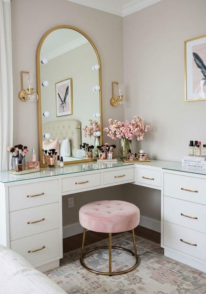 Budget-friendly makeup vanity styled to look expensive with LED lighting