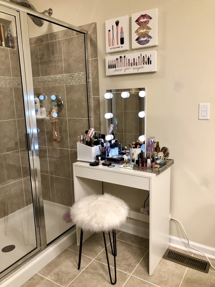 Small space makeup vanity with wall-mounted mirror and vertical storage