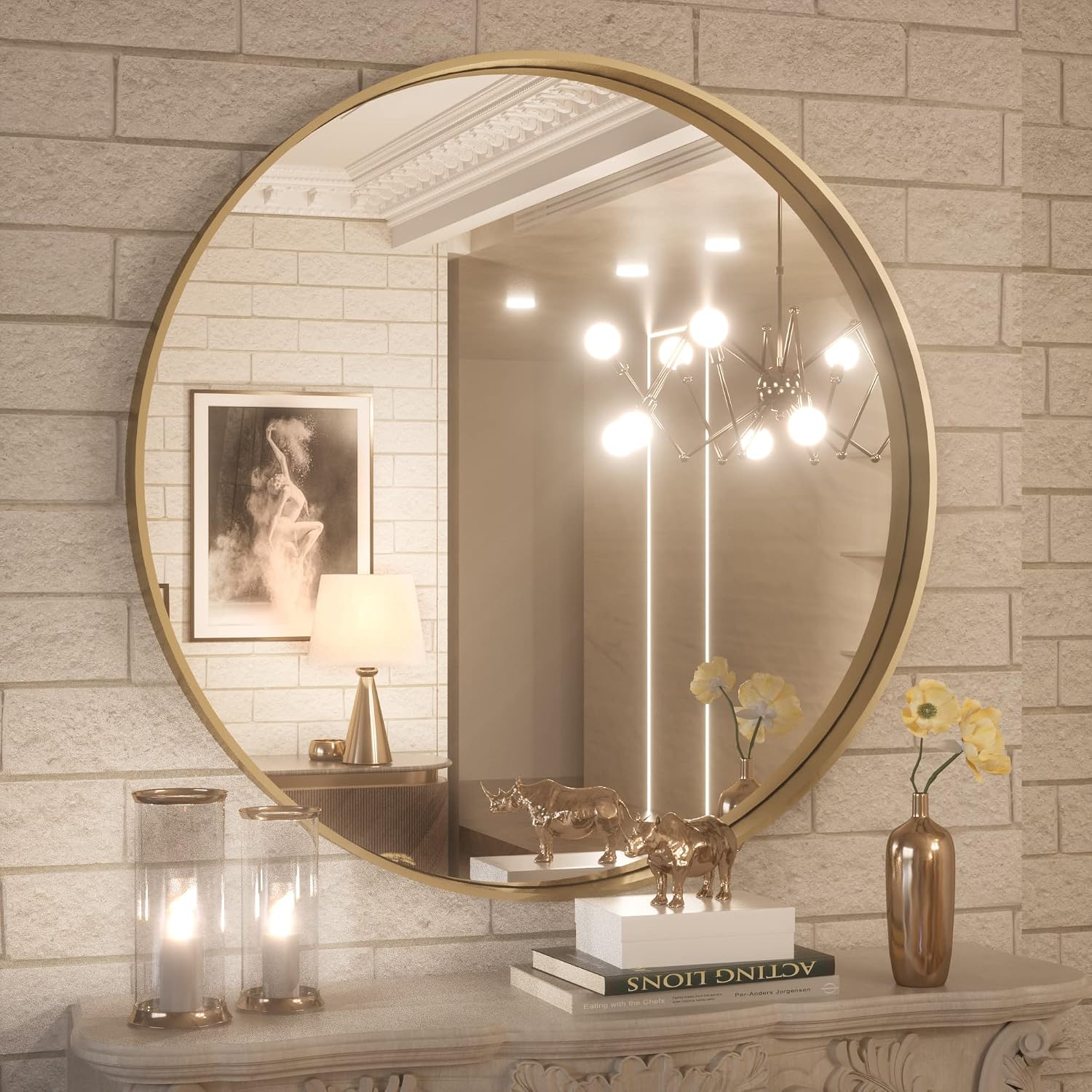 TokeShimi Brushed Gold Round Mirror, 30 Inch, Aluminum Frame