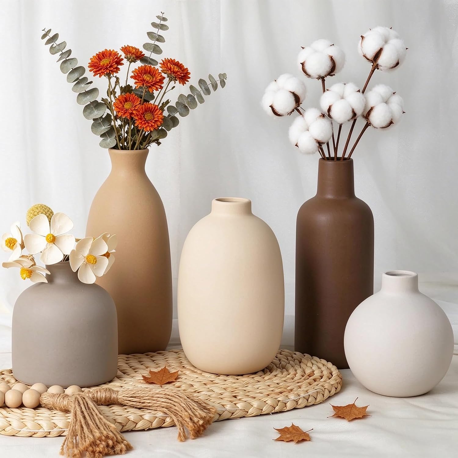 Modern Ceramic Vase Set of 5, Rustic Farmhouse Decorative Vases