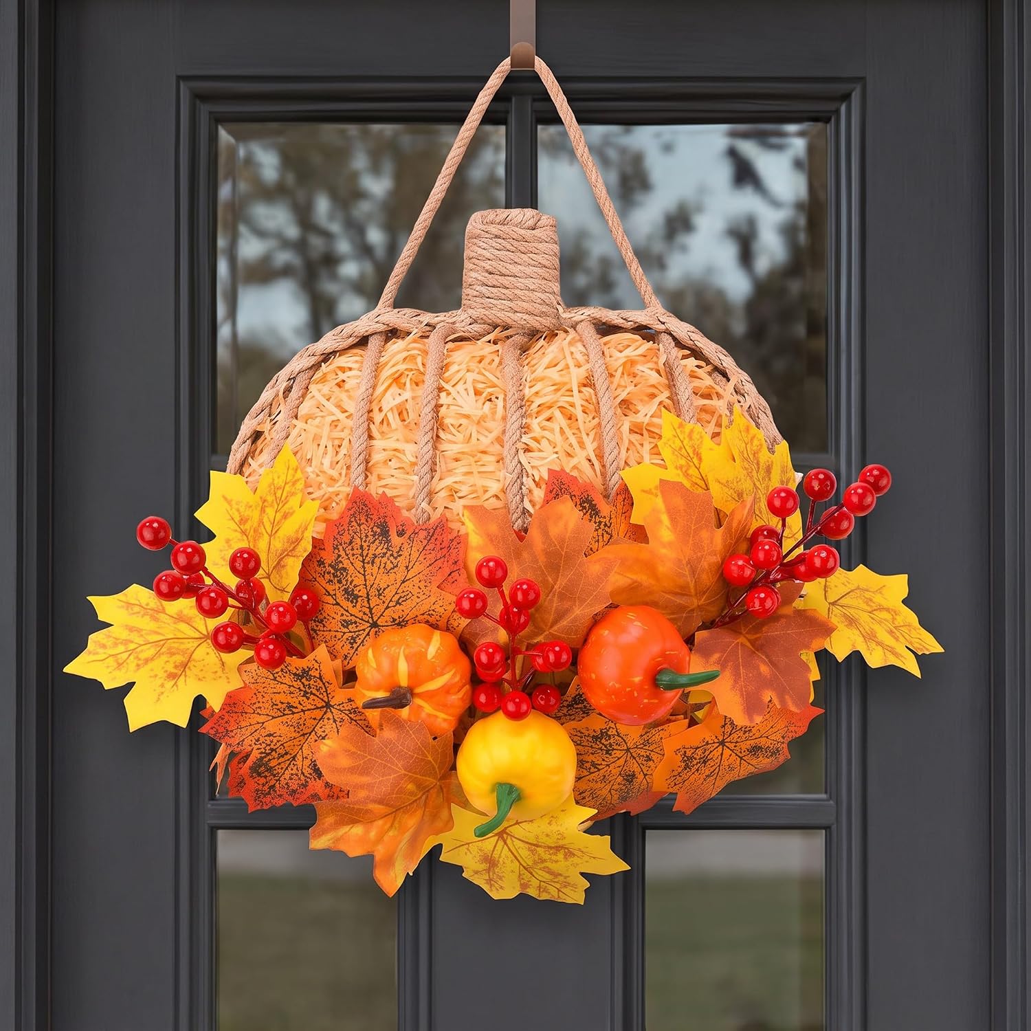 13 Inch Fall Pumpkin Wreath for Front Door, Artificial Pumpkin and Maple Leaves