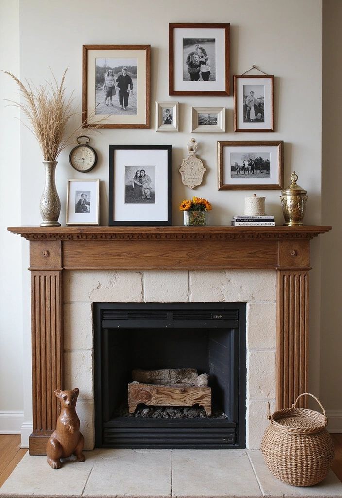 Wood mantel and surrounding wall covered in black and white family photographs in mixed frame sizes, with a vase of wheat and a small clock