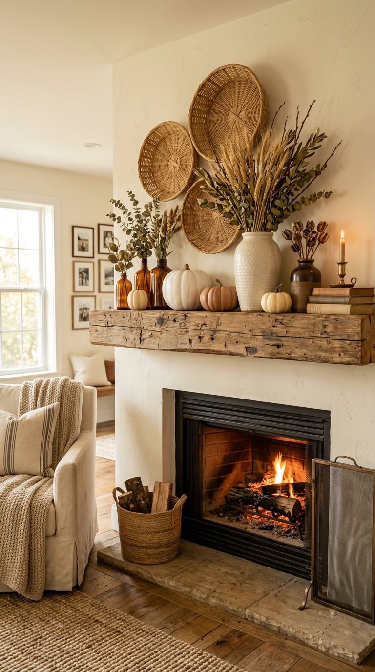 Fall mantel with woven wall baskets, wheat and eucalyptus branches, pumpkins, stacked books and a candle on a reclaimed wood beam