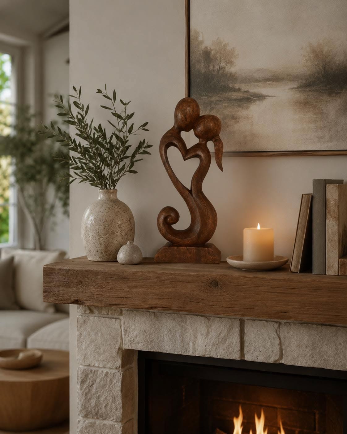 Wood mantel styled with an abstract carved wood sculpture of an embracing couple, a stoneware vase of olive branches, a candle and leaning books