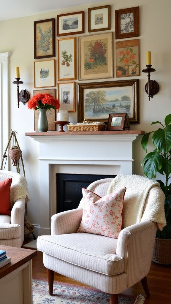 Eclectic gallery wall of vintage frames and botanical prints above a white mantel with a vase of red flowers, wall sconces and a woven basket