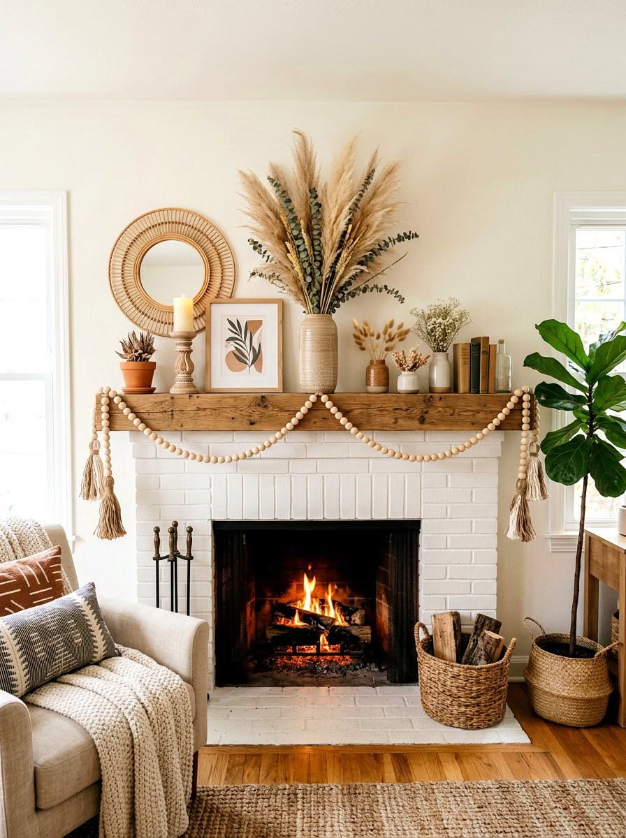 Boho mantel with pampas grass, eucalyptus, a rattan mirror, sculptural candle, books and woven baskets beside a fiddle leaf fig
