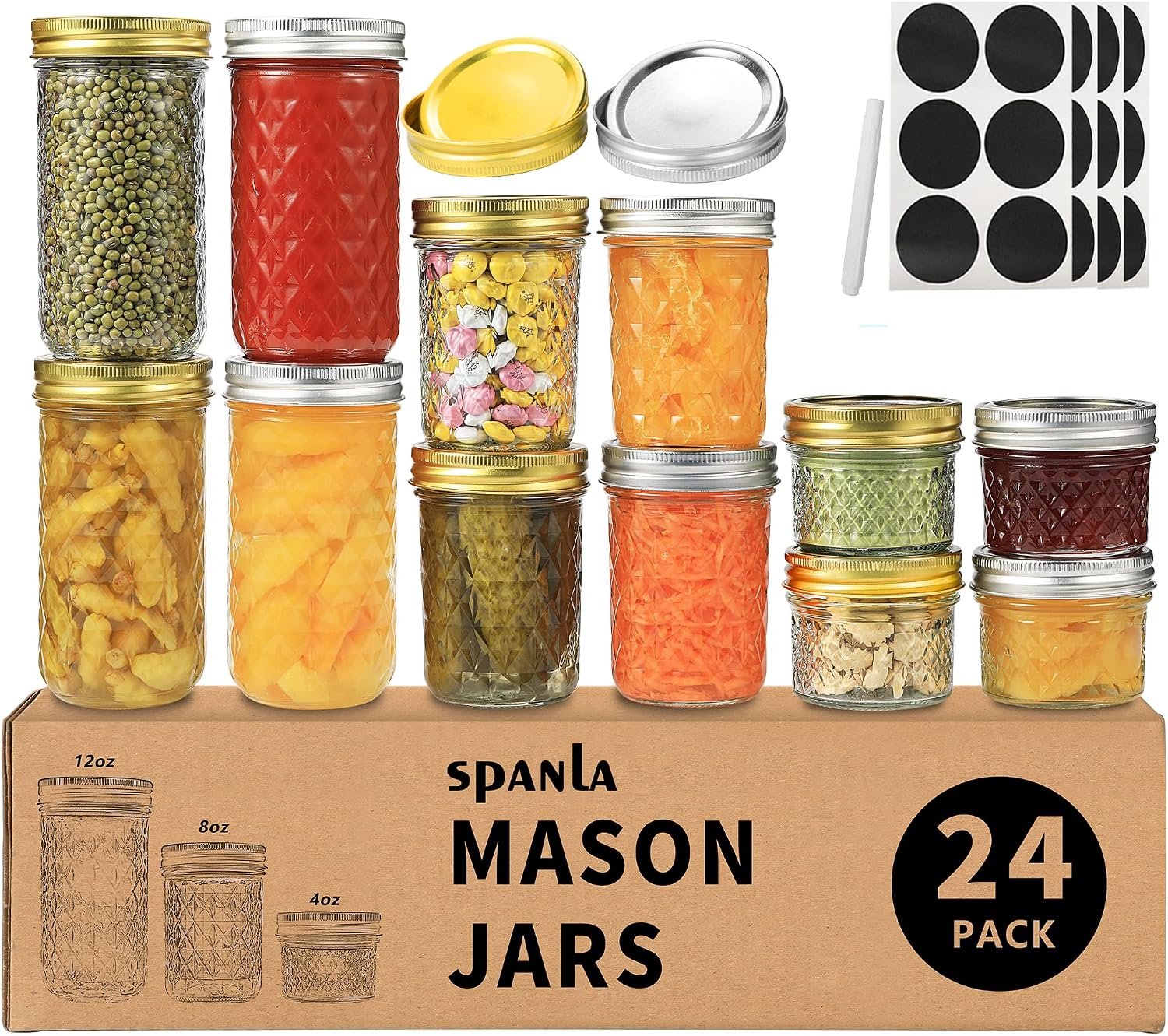 SPANLA Mason Jars Variety Pack, 24 Pack Canning Jars with Regular Lids