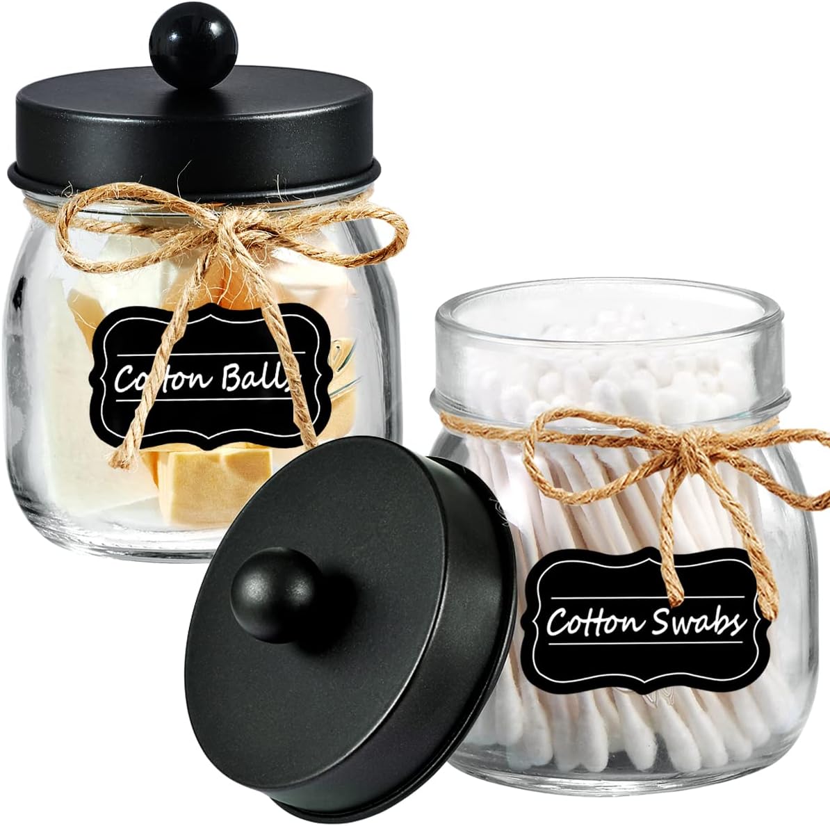 Amolliar Glass Mason Jar Qtip Dispenser Holder, Black, 2 Pack