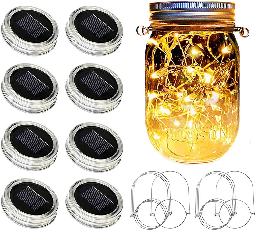 SunKite Solar Mason Jar Lights, 8 Pack 20 LED Waterproof Fairy Firefly Lids
