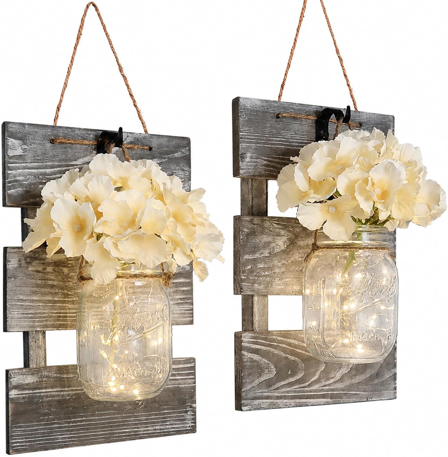 Farmhouse Mason Jar Wall Sconces Set of 2, Rustic Gray Decor