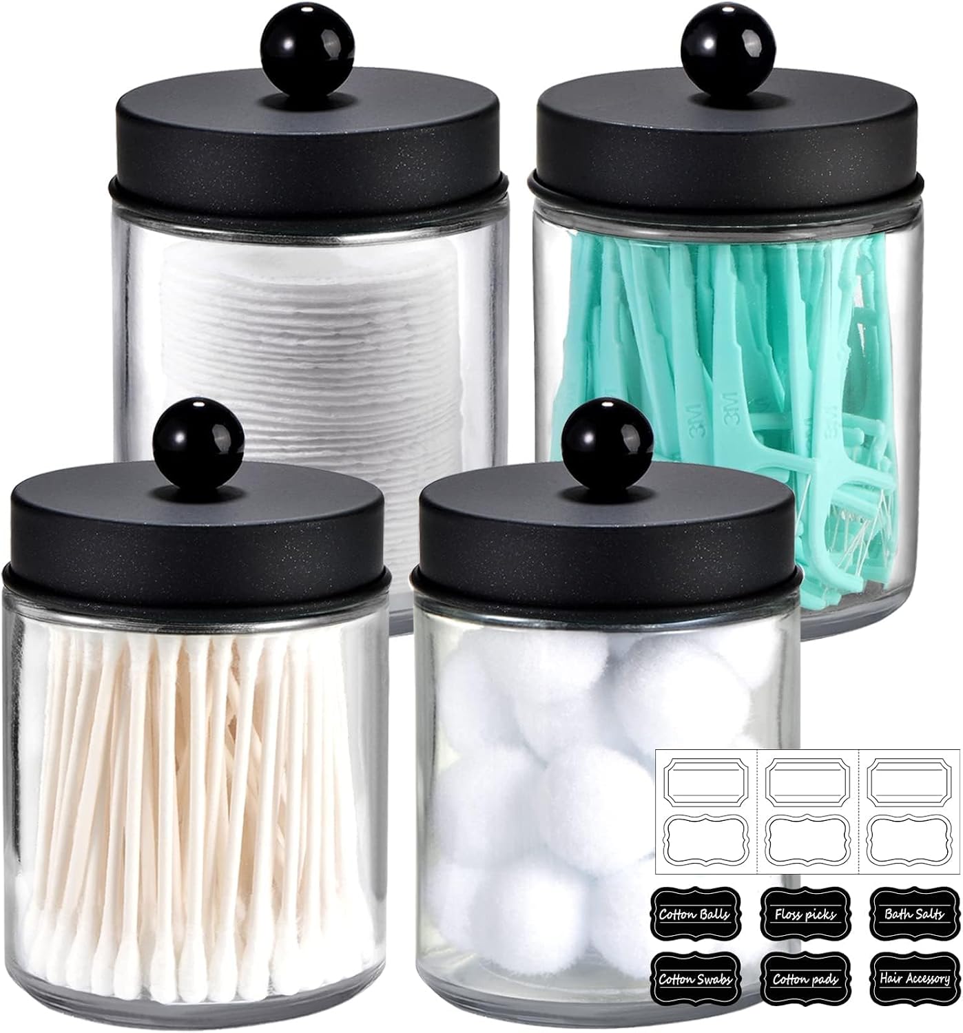 Amolliar Glass Apothecary Jar Qtip Holder Metal Lids, 4pc, Black