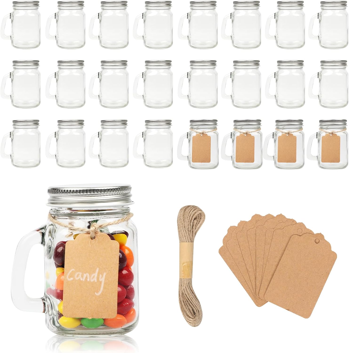 4 oz Small Mason Jar Mugs with Handle, 24 Pack Mini Glass Jars with Airtight Metal Lids