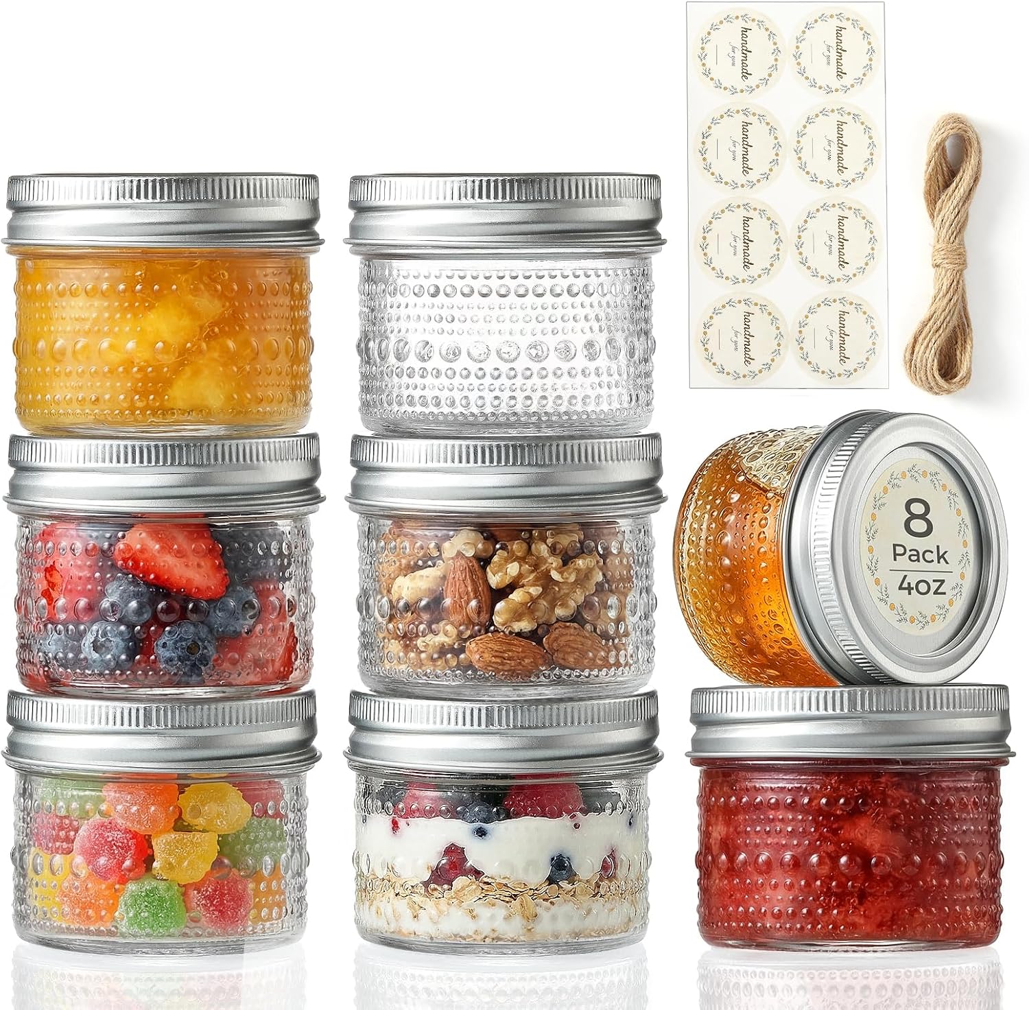 8 Pack Small Glass Jars with Lids, 4oz Vintage Embossed Mini Mason Jars