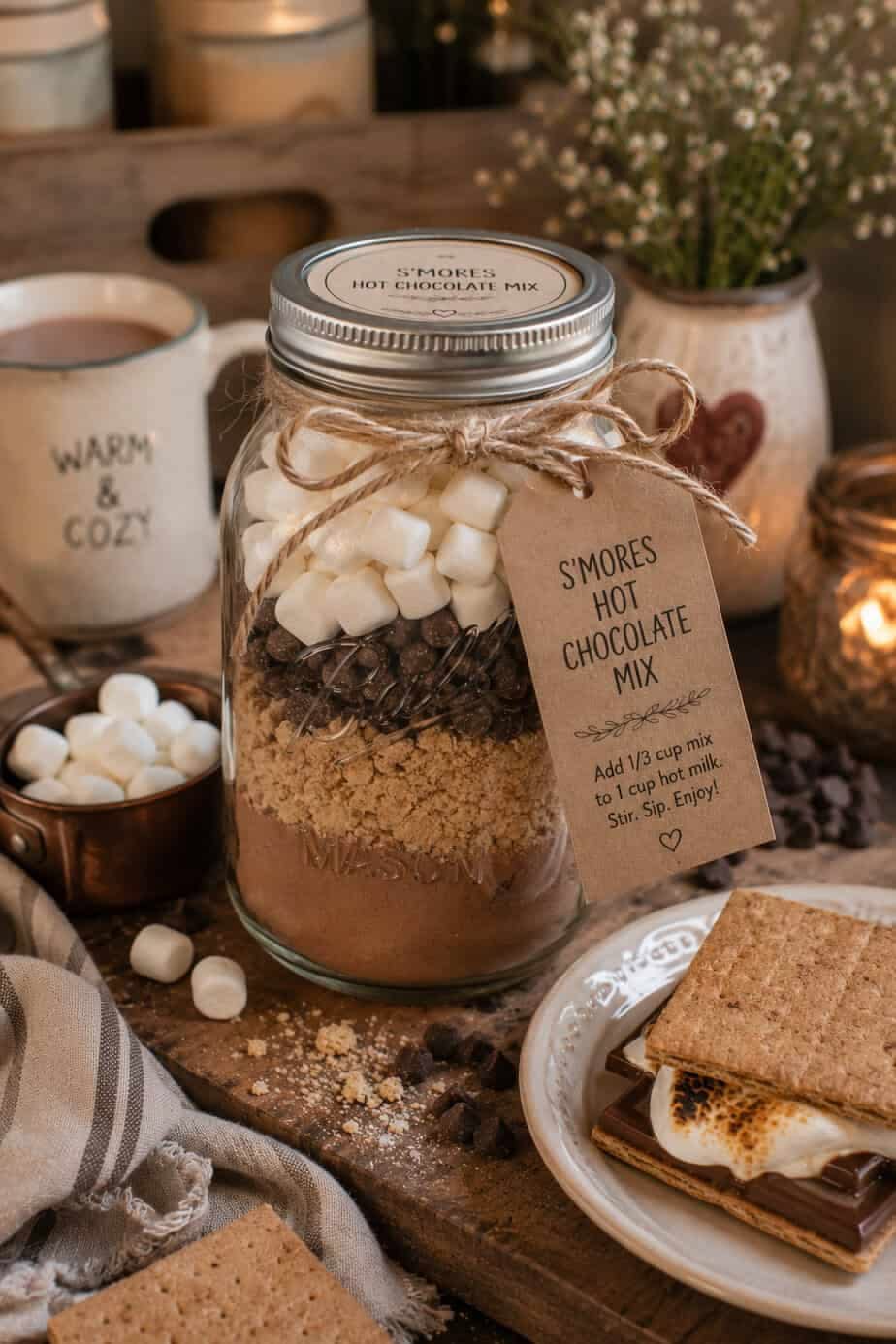 Clear Mason jar with a metal lid and twine bow, labeled as a hot cocoa gift jar