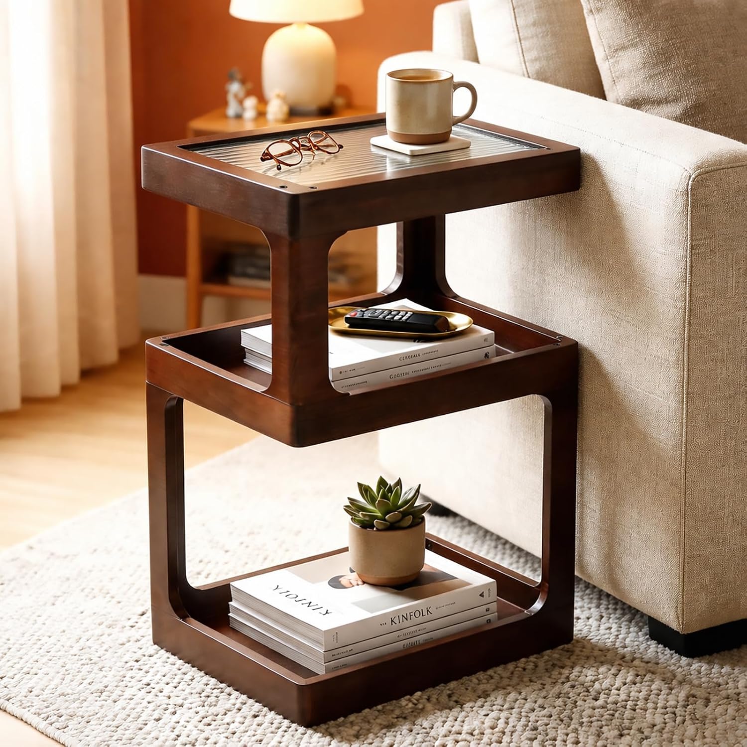 Solid Wood 3-Tier Small End Table, Mid-Century Brown Accent Table