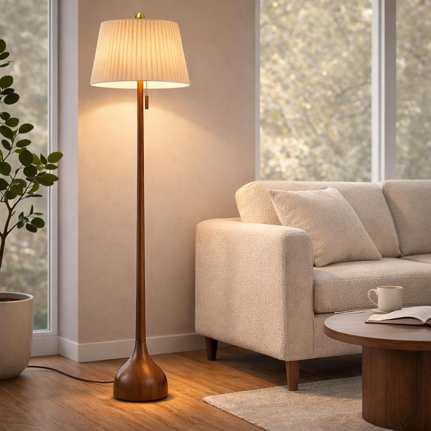 MOFFE Mid Century Modern Real Wood Floor Lamp with 2 Shade Looks