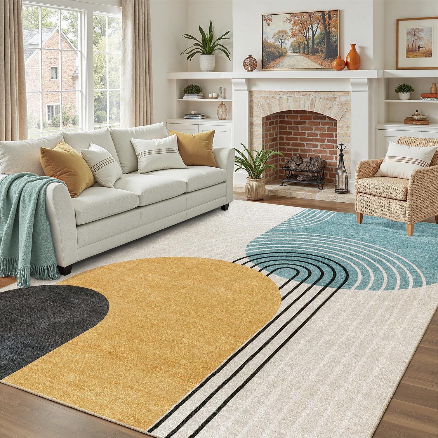 DCX 5 x 7 Washable Modern Area Rug, Blue and Yellow Geometric
