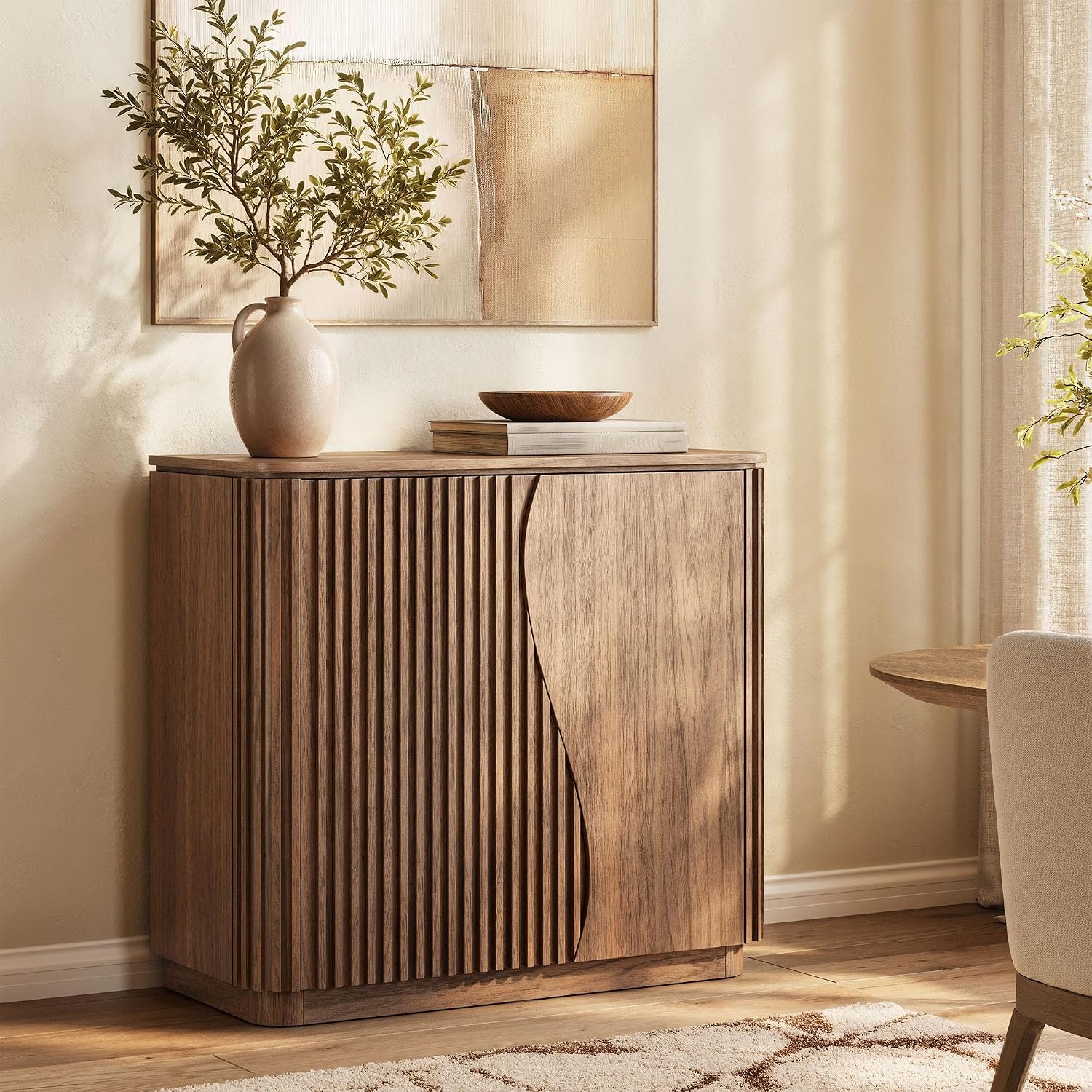 BELLEZE Simms 35 Inch Sideboard Buffet Cabinet, Brown Walnut