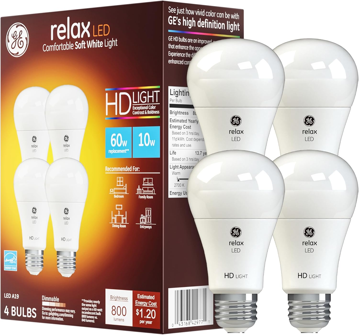 GE Relax LED Light Bulbs, 60 Watt, Soft White, A19, 4 Pack