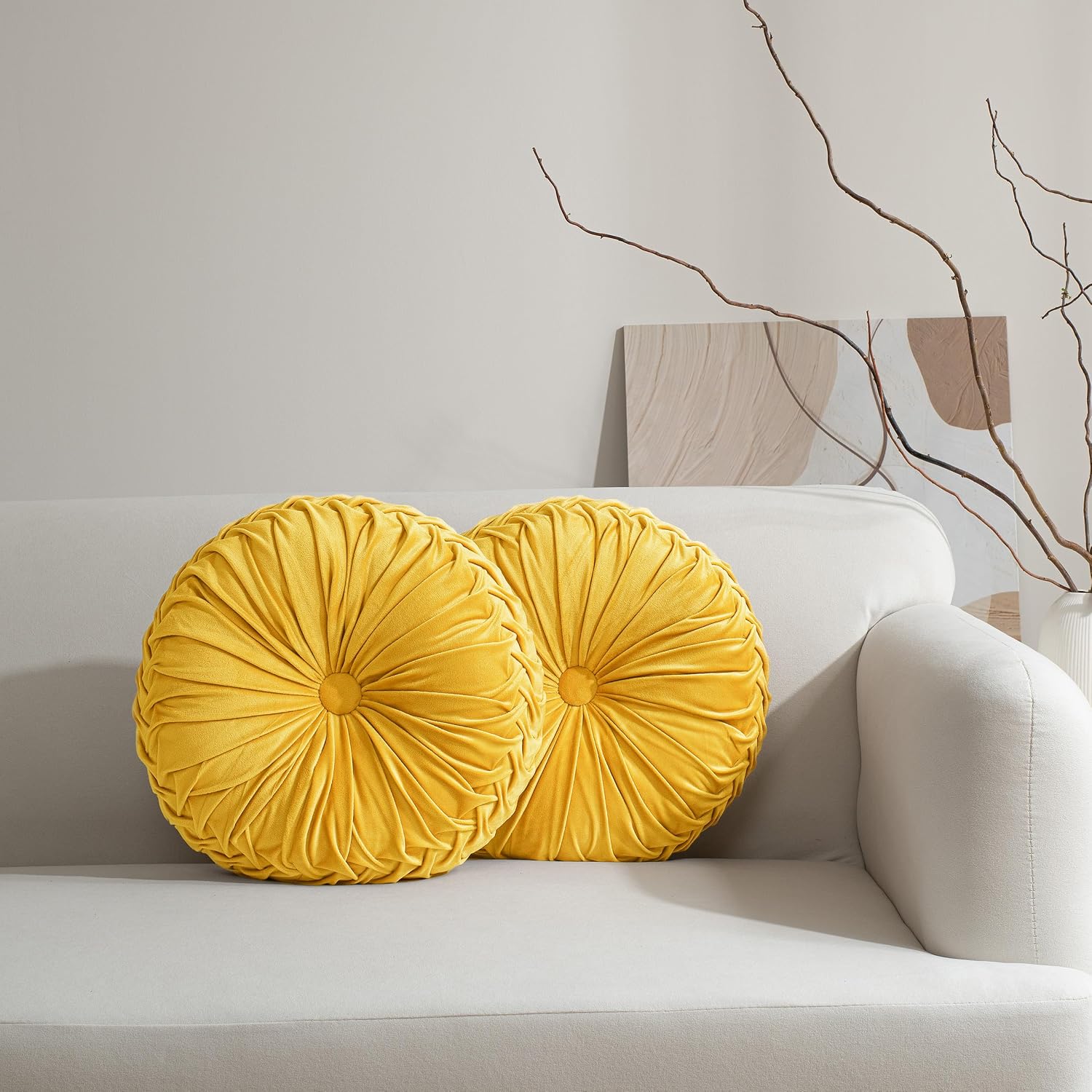 HIG Yellow Velvet Round Pleated Throw Pillows, Set of 2