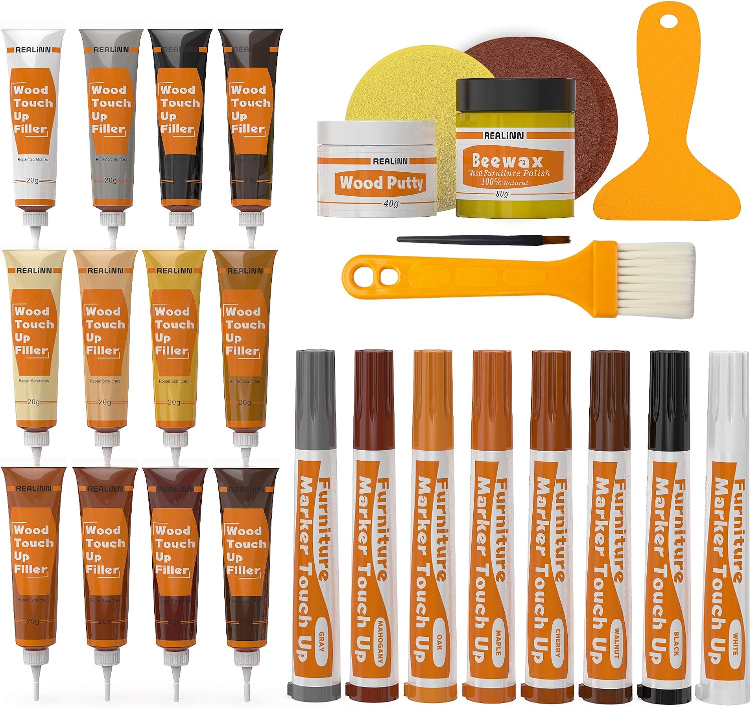 REALINN Wood Furniture Repair Kit, 28 Piece Set with Touch-Up Markers