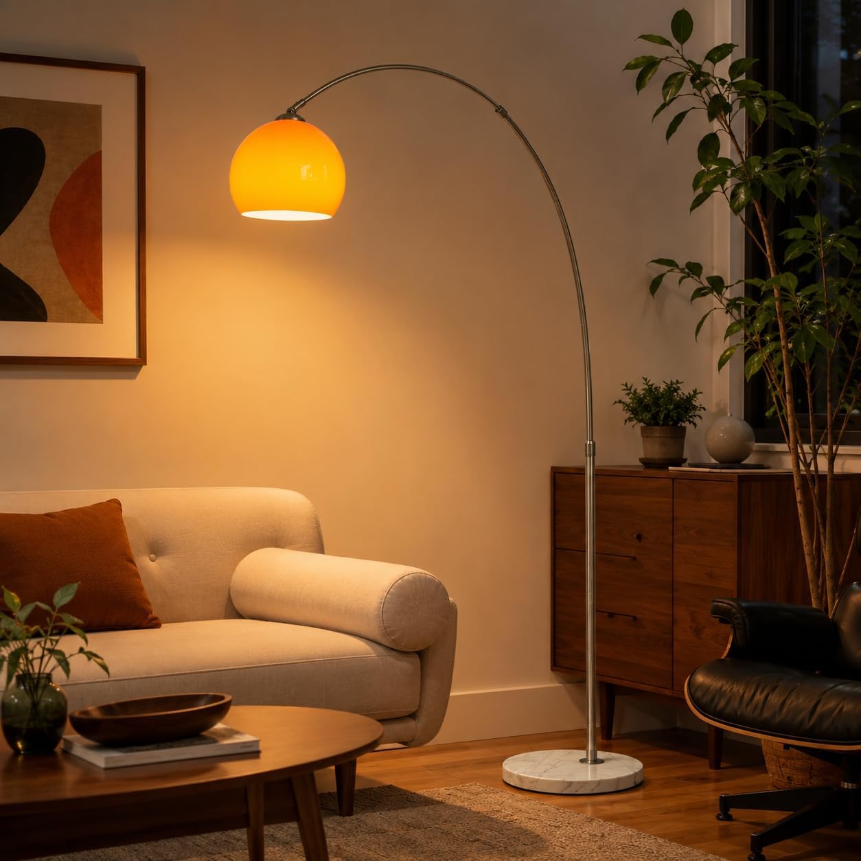 Orange Arc Floor Lamp for Living Room, Mid Century Modern, Marble Base